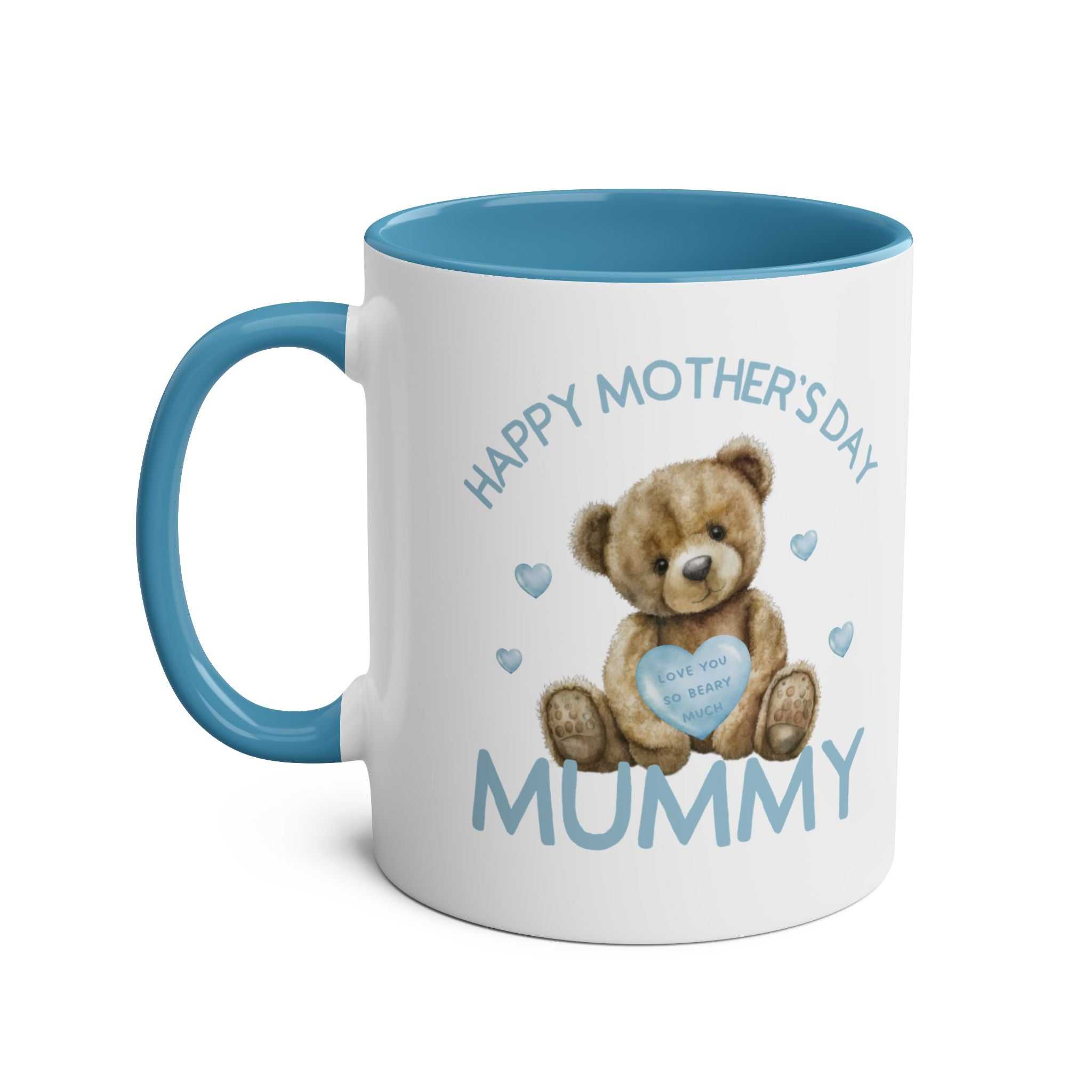 Cute bear Mother's Day mug with blue interior and handle, featuring bear design and "Happy Mother's Day Mummy" text.