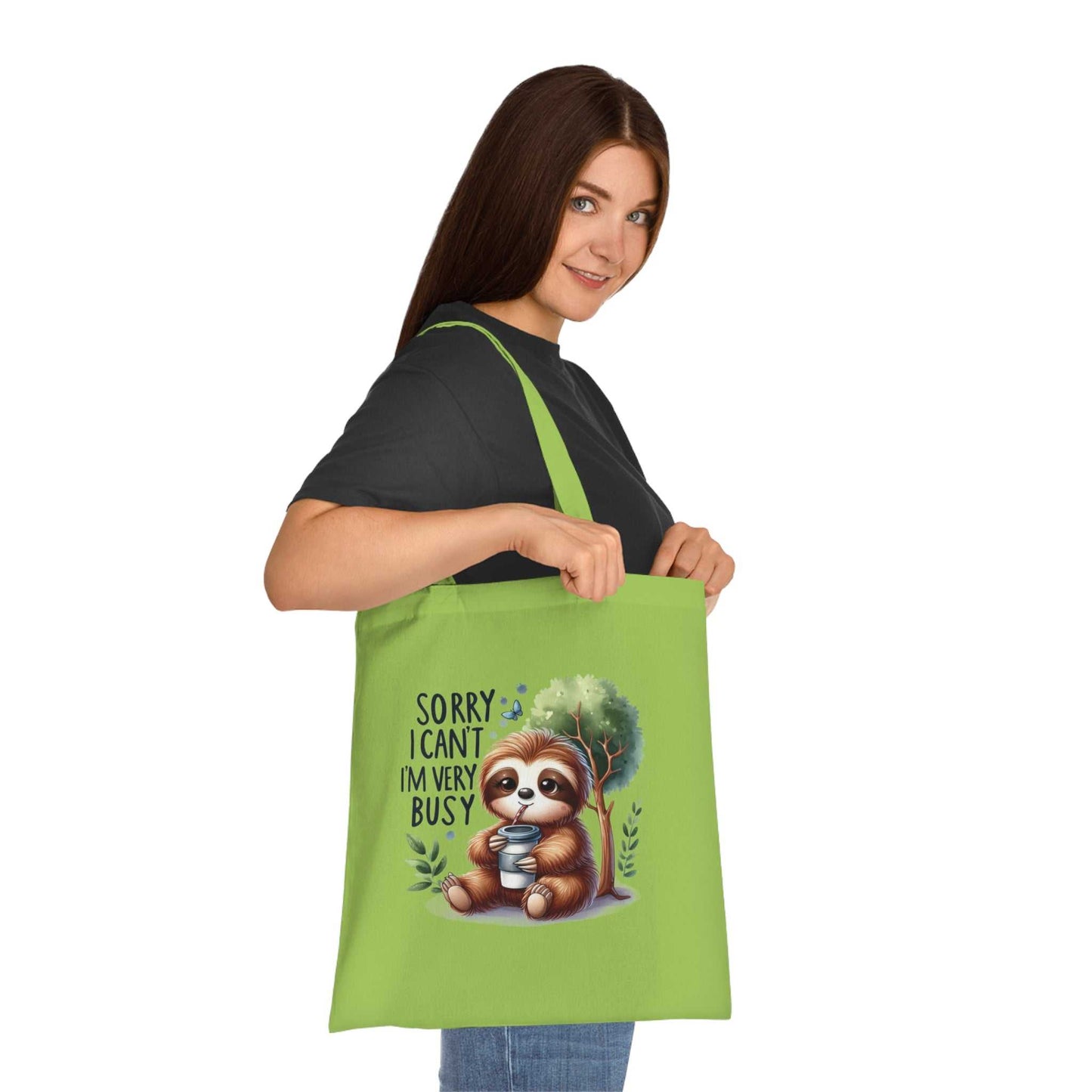 Cotton tote bag with cute sloth design, vibrant colors, perfect for sloth lovers and whimsical style.