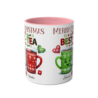 Personalised Bestie Christmas Mug with cute design, 11oz ceramic, available in 7 colors, microwave and dishwasher safe.