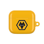 Wolves FC AirPods protective case in gold with wolf crest logo and shock-resistant design