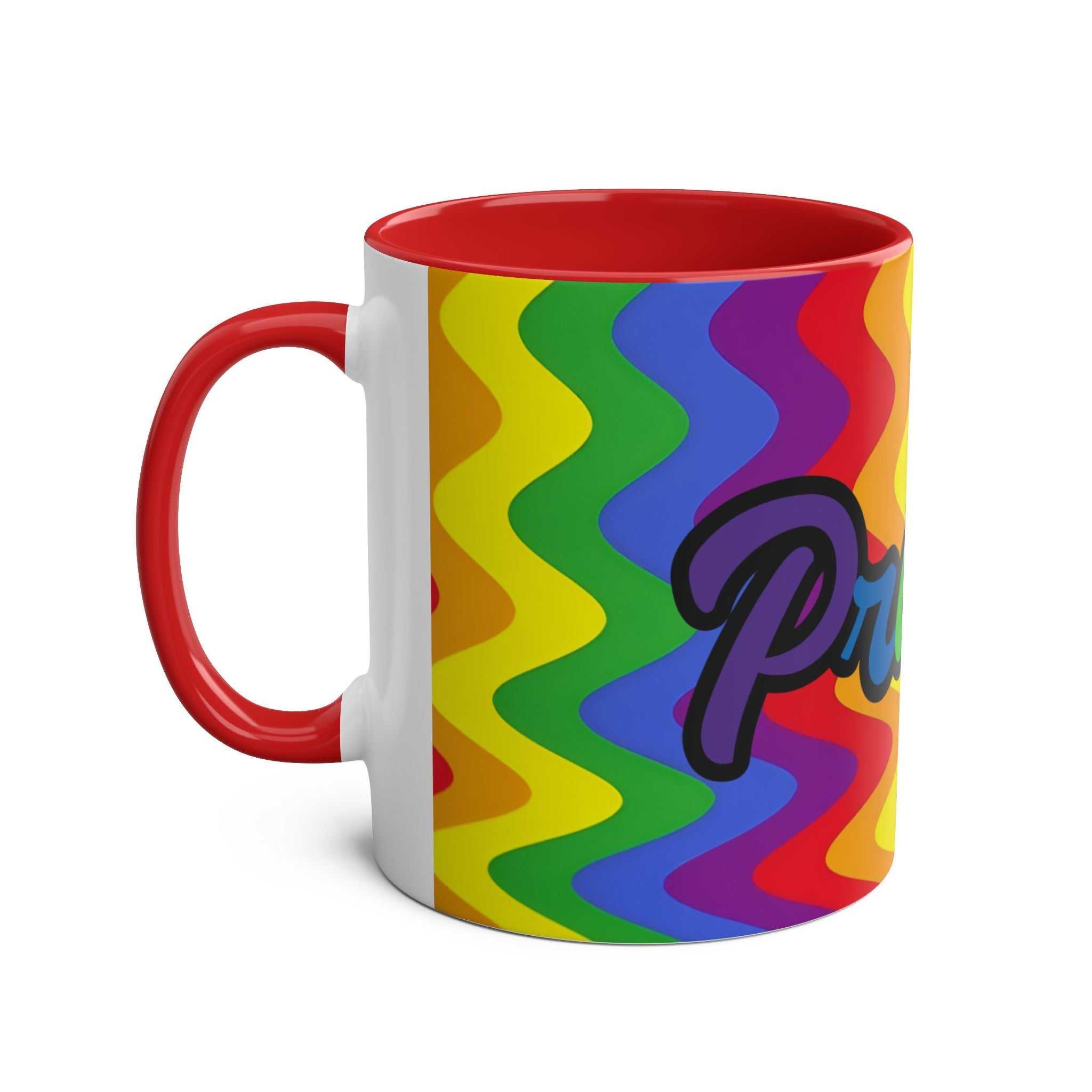 Colorful ceramic mug with vibrant rainbow design, celebrating LGBTQ+ Pride.