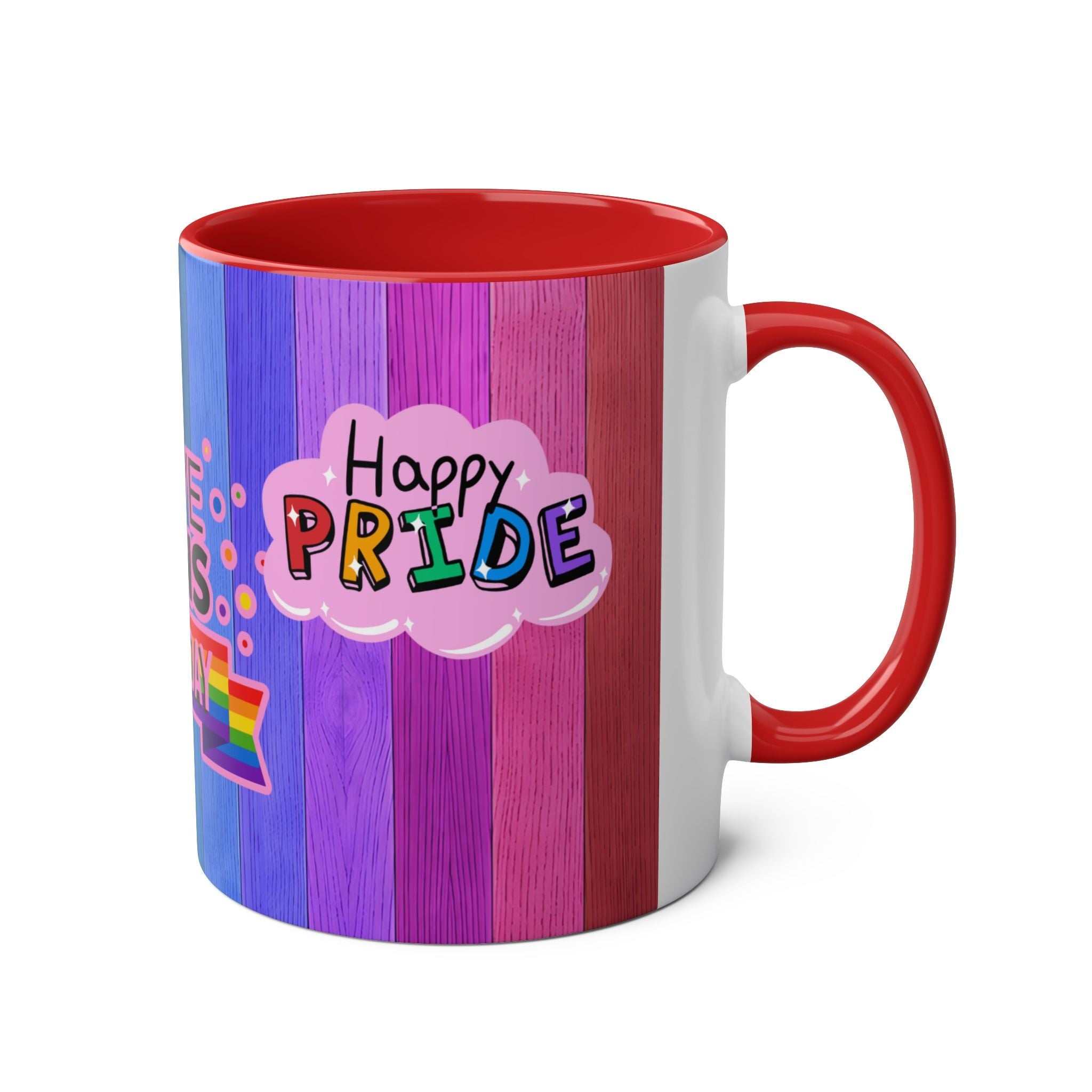 LGBTQ+ Pride mug with vibrant rainbow design and "Happy Pride" text, high-quality ceramic, glossy finish.