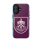 Burnley FC MagSafe iPhone case with claret and blue colors, official-inspired crest, dual layer protection, and MagSafe compatibility
