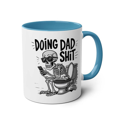Fun Fathers Day Gift Mug with skeleton design and blue handle.