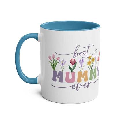 Best Mummy Ever Mothers Day gift mug with floral design, blue handle, and interior.