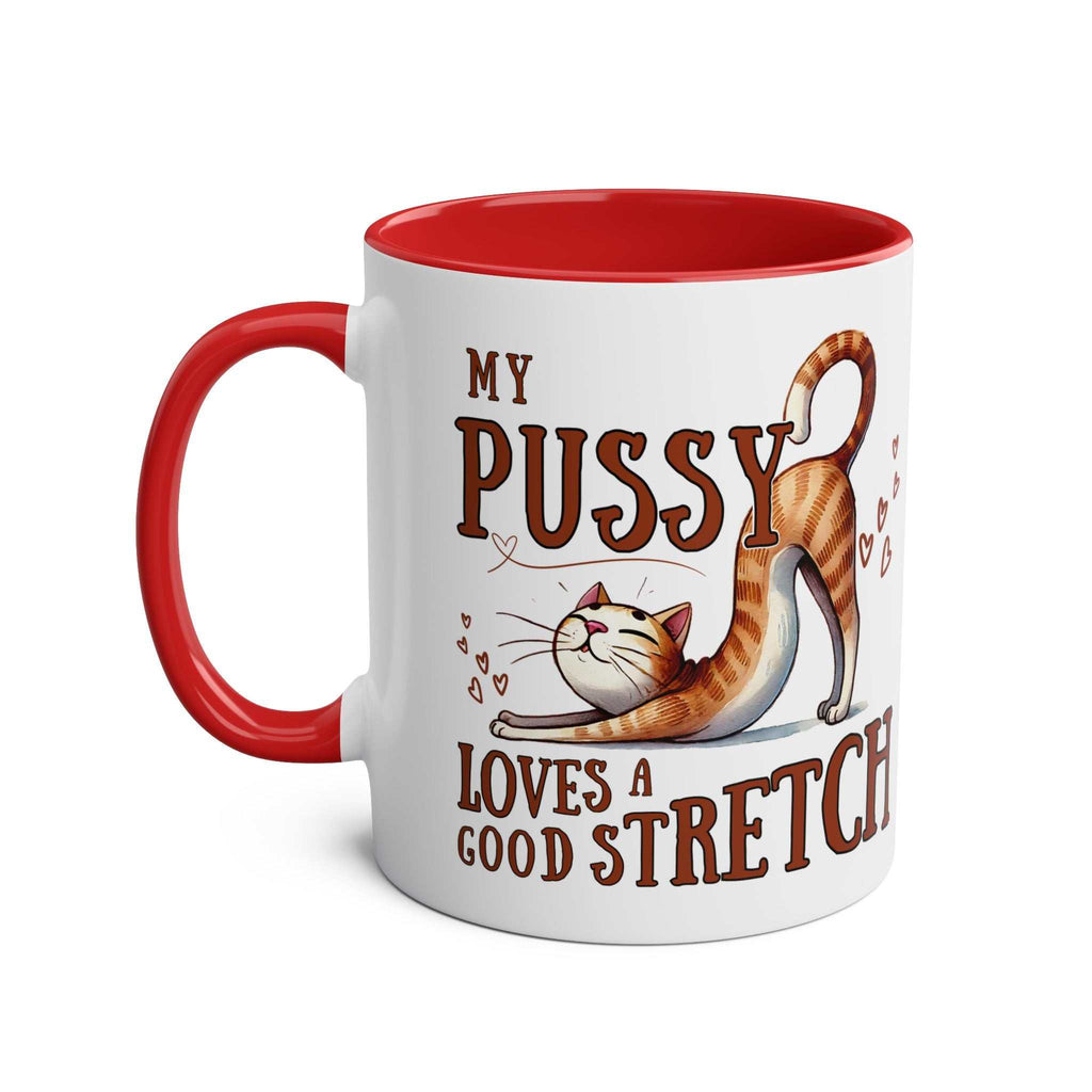 Cheeky fun coffee mug with red handle and interior, featuring playful cat design and humorous text, 11oz ceramic with glossy finish