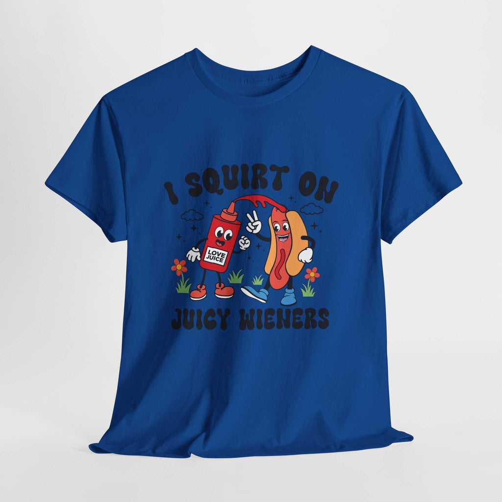 Black I Squirt On Juicy Wieners T-Shirt with cheeky sausage graphic and bold text design