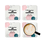 Cheeky Fun Coaster Set with humorous quotes and colorful design, high-gloss MDF top, cork back, rounded corners, 4-piece set.