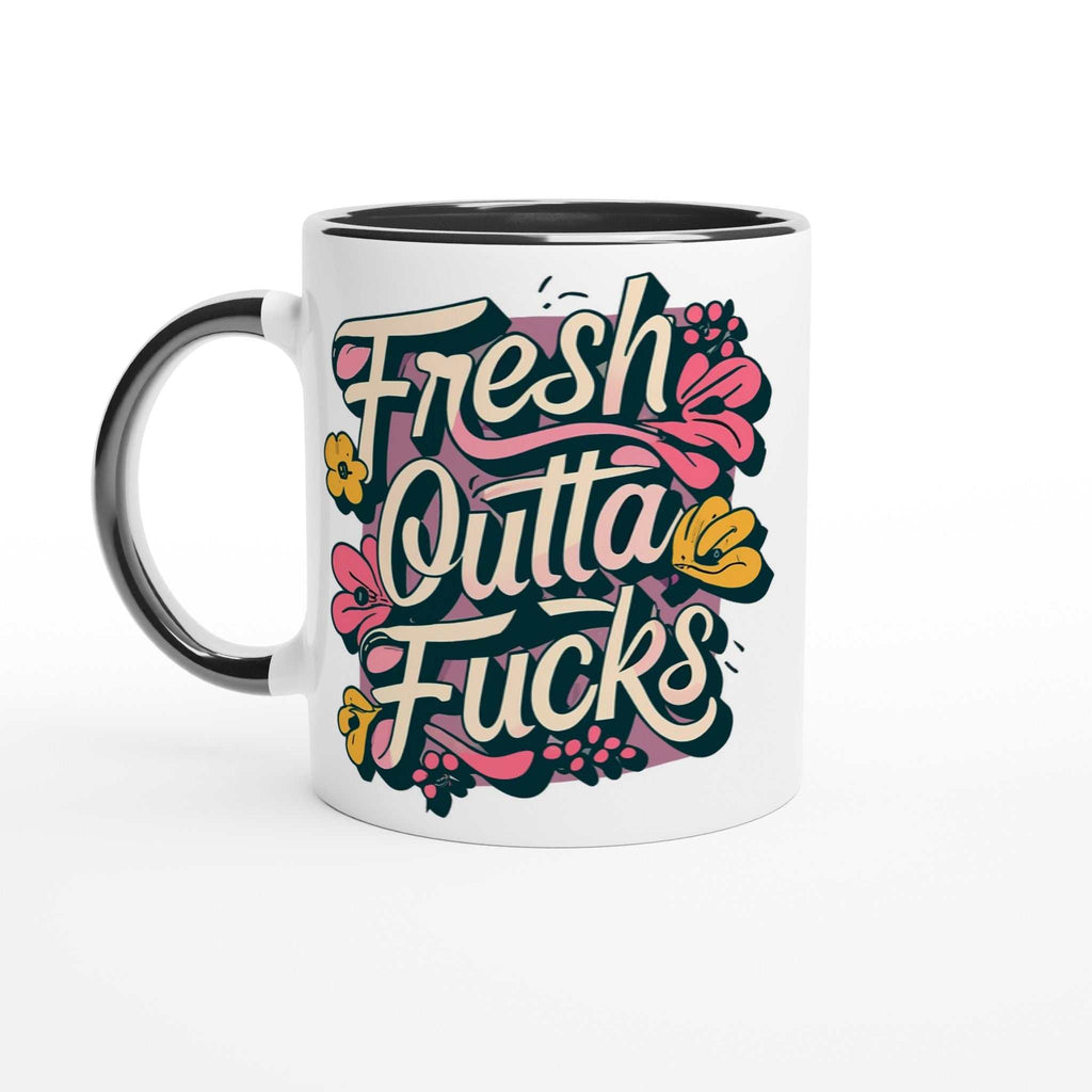 Fresh Outta Fucks Fun Mug, 11oz ceramic, colorful design, humorous gift, dishwasher safe.