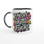 Fresh Outta Fucks Fun Mug, 11oz ceramic, colorful design, humorous gift, dishwasher safe.