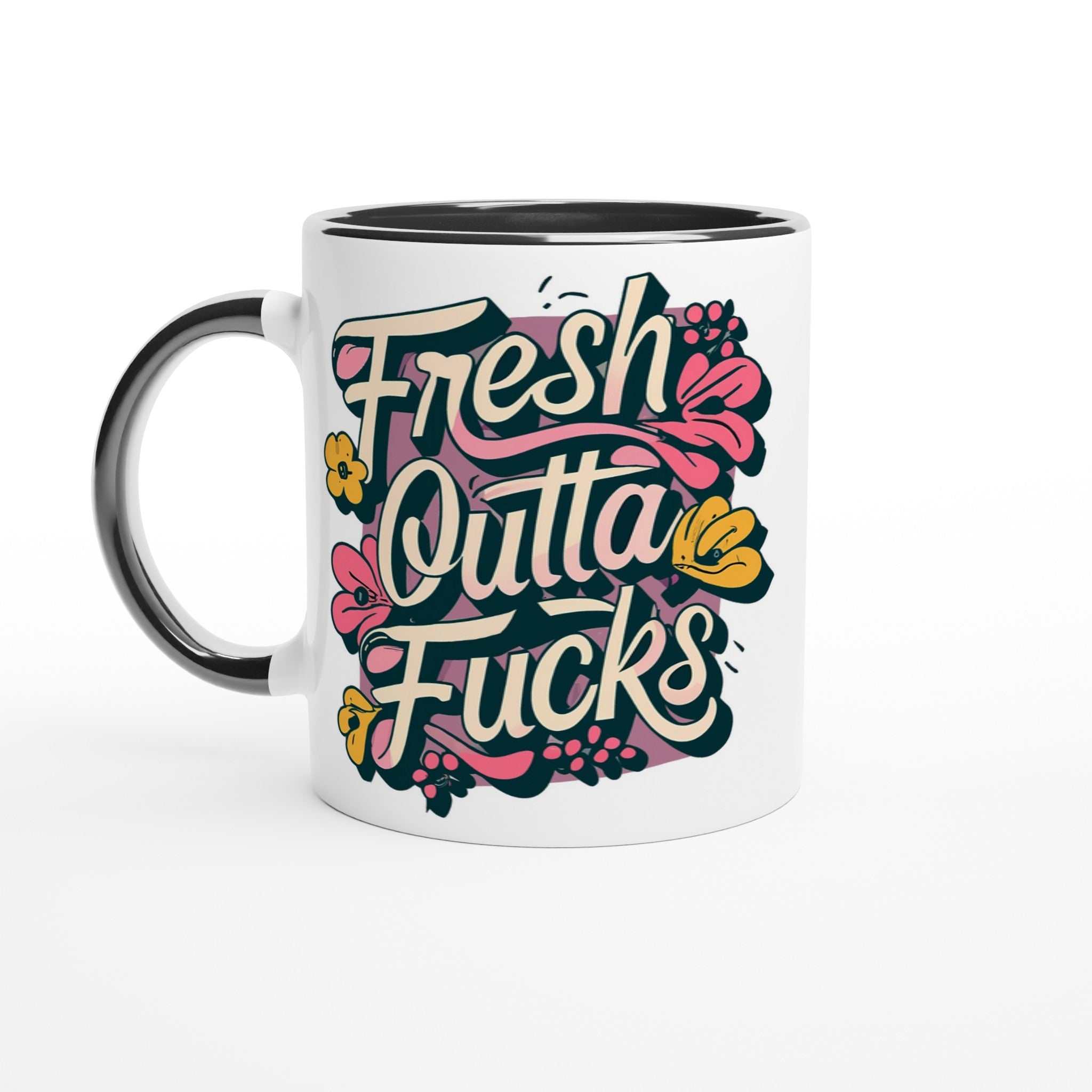 Fresh Outta Fucks Fun Mug, 11oz ceramic, colorful design, humorous gift, dishwasher safe.
