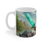 Minecraft Inspired Adventure Mug with pixelated sword and landscape design on white ceramic cup