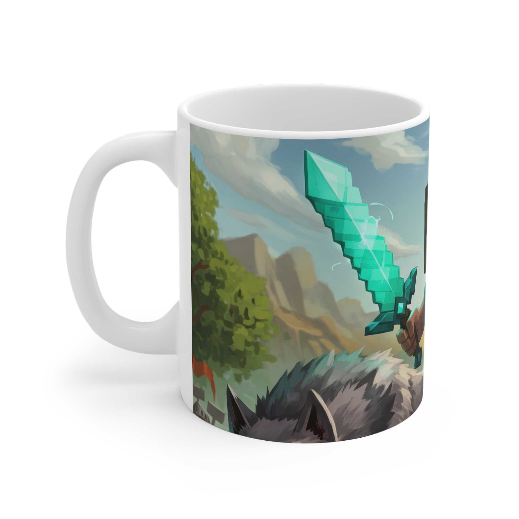 Minecraft Inspired Adventure Mug with pixelated sword and landscape design on white ceramic cup