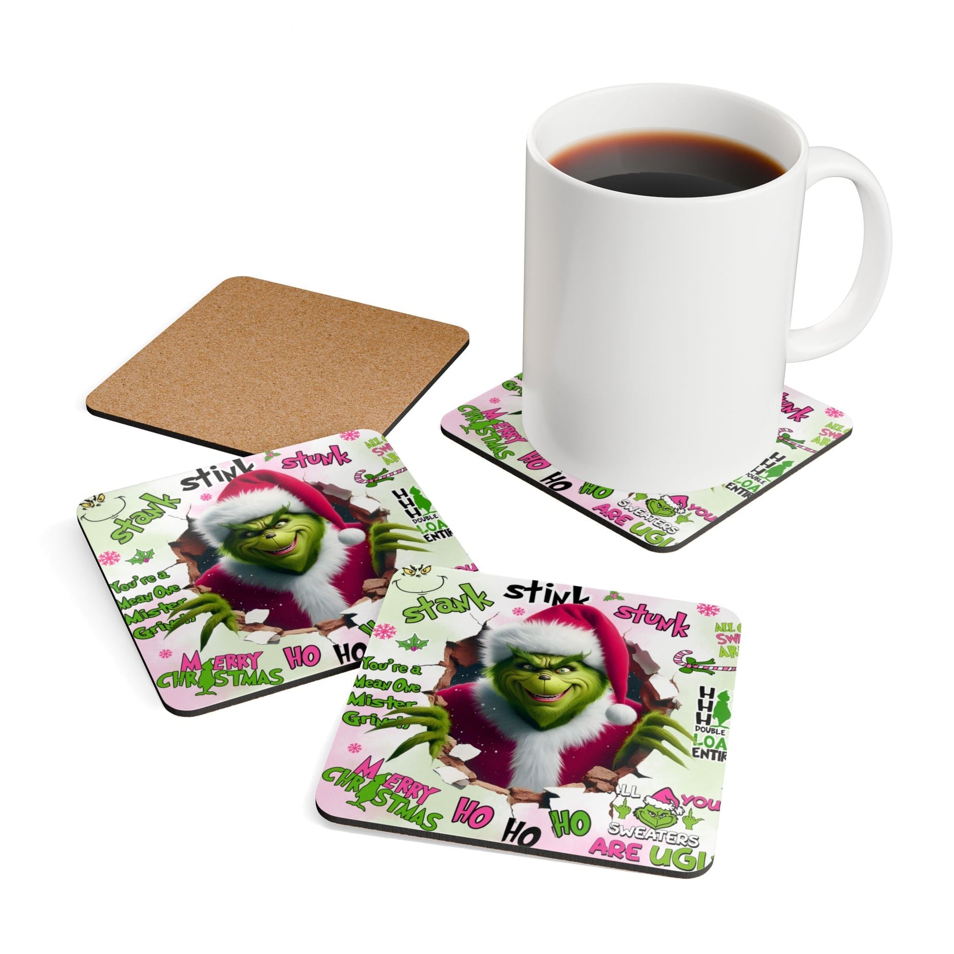 Grinch Christmas coaster set with grumpy Grinch design, high-gloss MDF top, and cork backing.