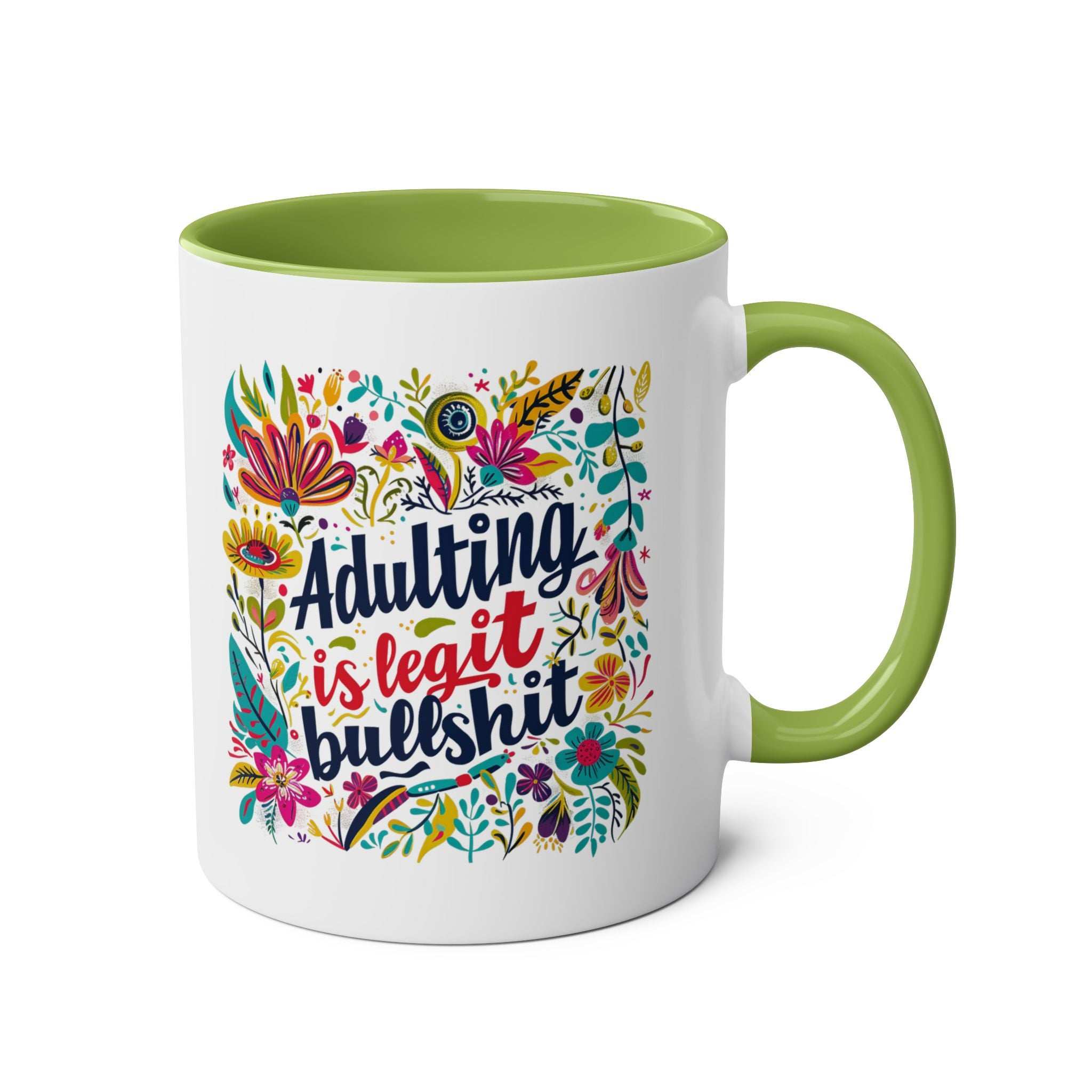 Colorful "Adulting Is Bullshit" coffee mug with floral design, 11oz ceramic, microwave and dishwasher safe.