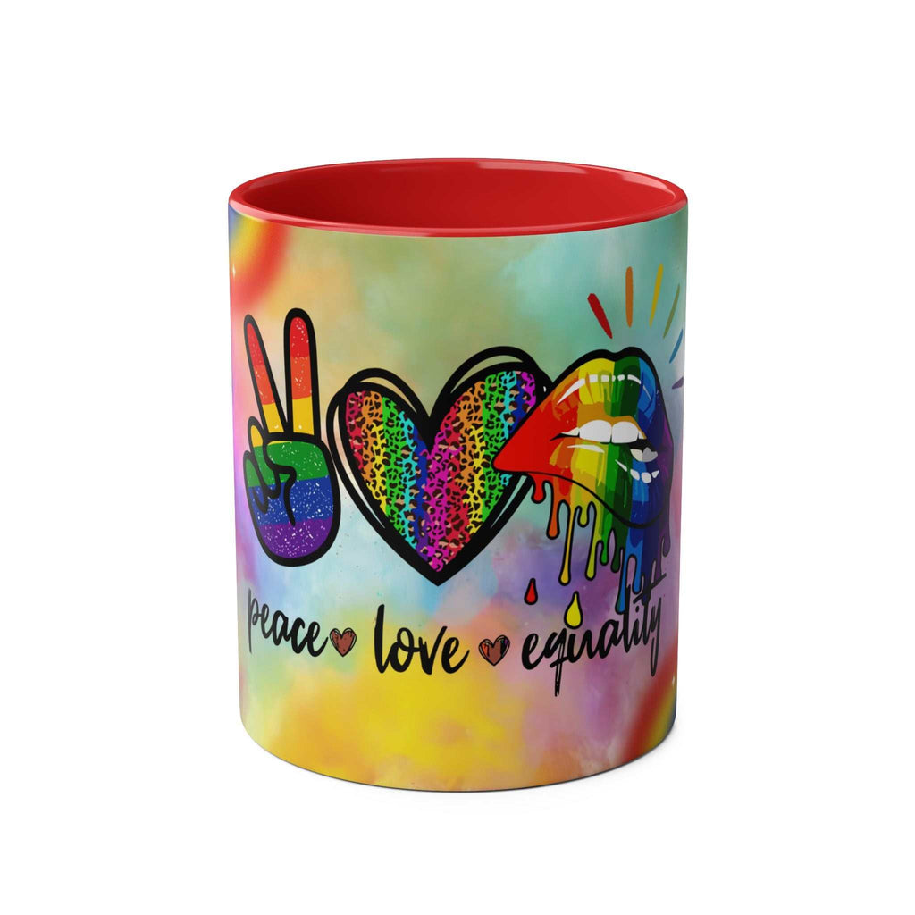 LGBTQ+ Pride Mug with vibrant rainbow design and equality message.