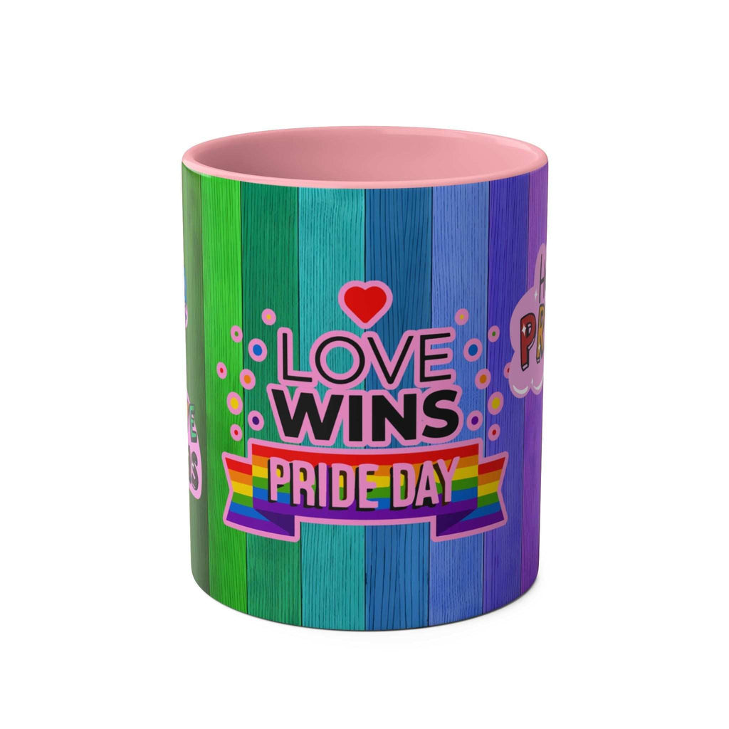 LGBTQ+ Pride Mug with vibrant rainbow design and "Love Wins" message.