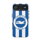 Brighton FC MagSafe iPhone case with blue and white stripes and seagulls crest, dual-layer protection and MagSafe compatibility