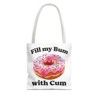 Provocative Donut Tote Bag with cheeky print and colorful handles, available in three sizes, durable spun polyester, ideal for casual use