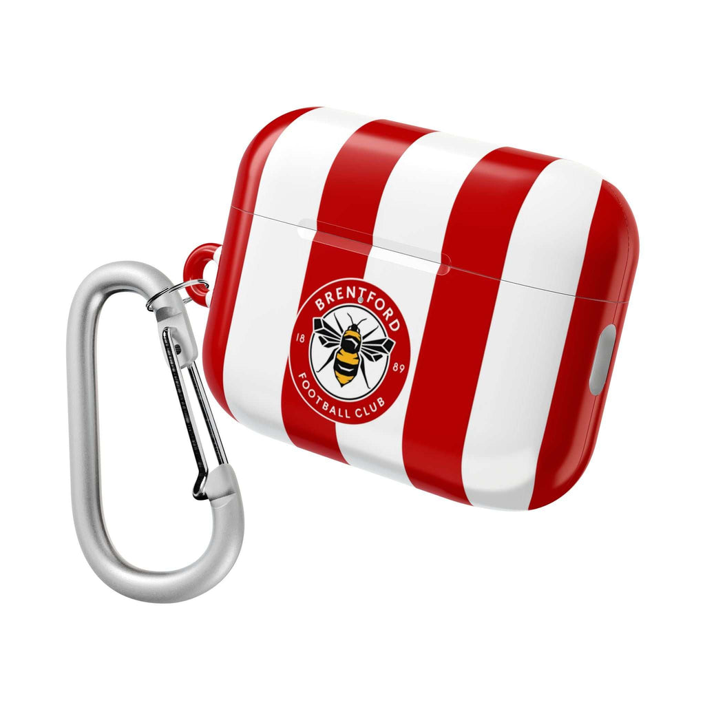 Brentford FC AirPods protective case with red and white stripes and bee crest, shock-resistant and wireless charging compatible