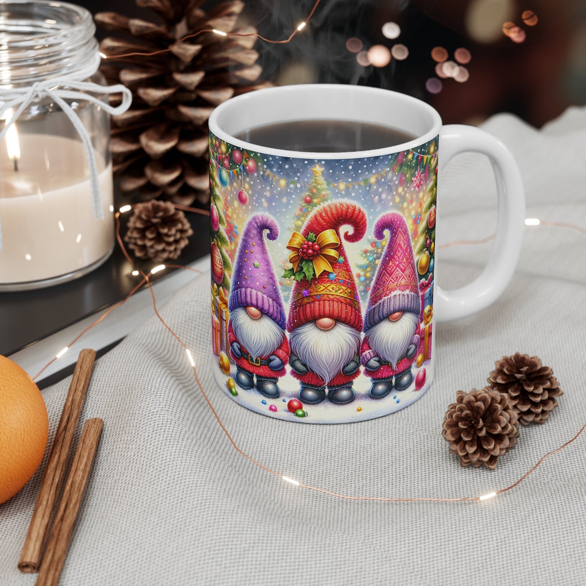 Christmas gnome mug with festive design, perfect for hot chocolate, 11oz ceramic, microwave and dishwasher safe.