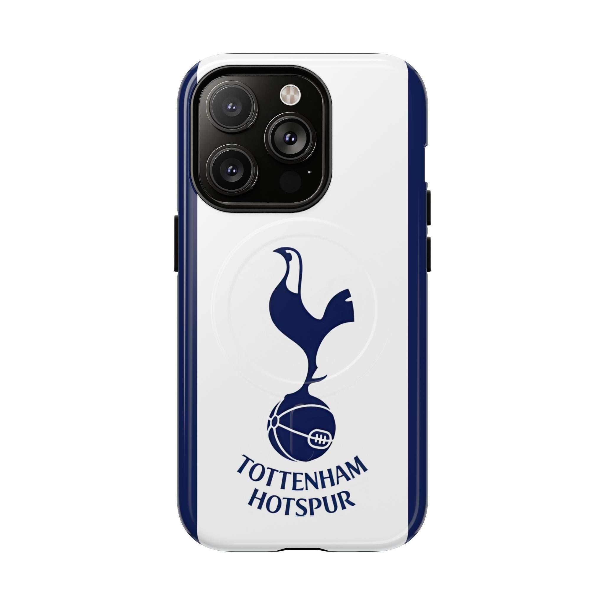 Tottenham FC MagSafe iPhone case with navy and white club crest, dual-layer protection, and wireless charging compatible.