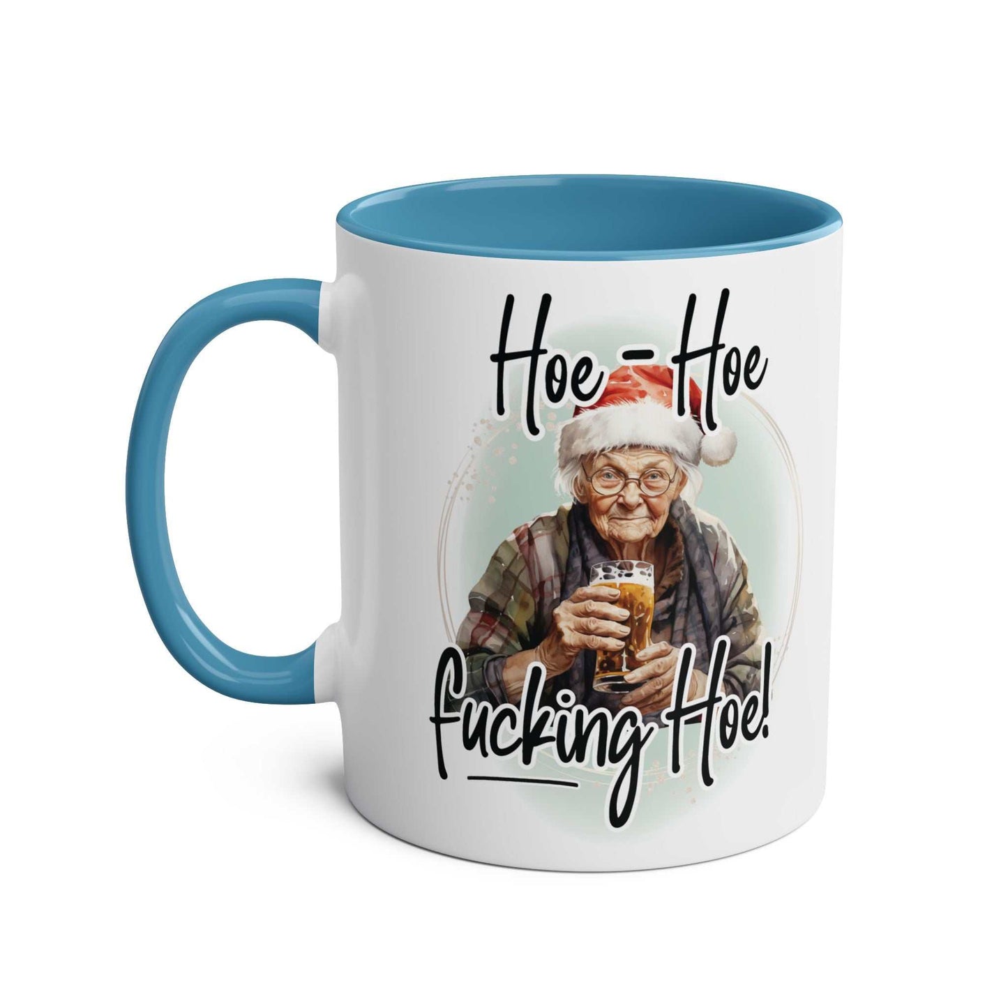 Sweary Granny Christmas Mug with cheeky festive design, glossy finish, and blue handle.