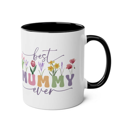 Best Mummy Ever Mothers Day gift mug with floral design, 11oz ceramic, black handle.