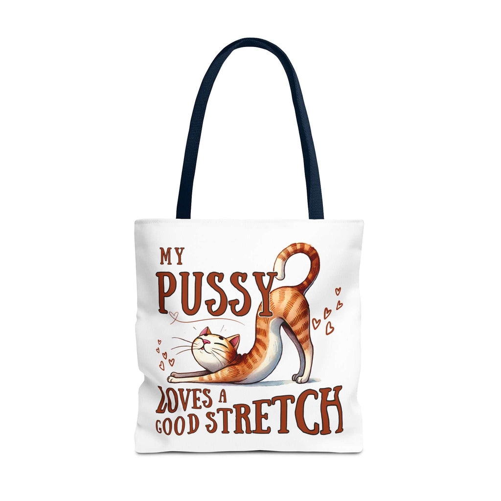 Cheeky fun stretching cat tote bag with multiple sizes and handle colors, made from durable spun polyester for everyday use