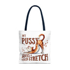 Cheeky fun stretching cat tote bag with multiple sizes and handle colors, made from durable spun polyester for everyday use