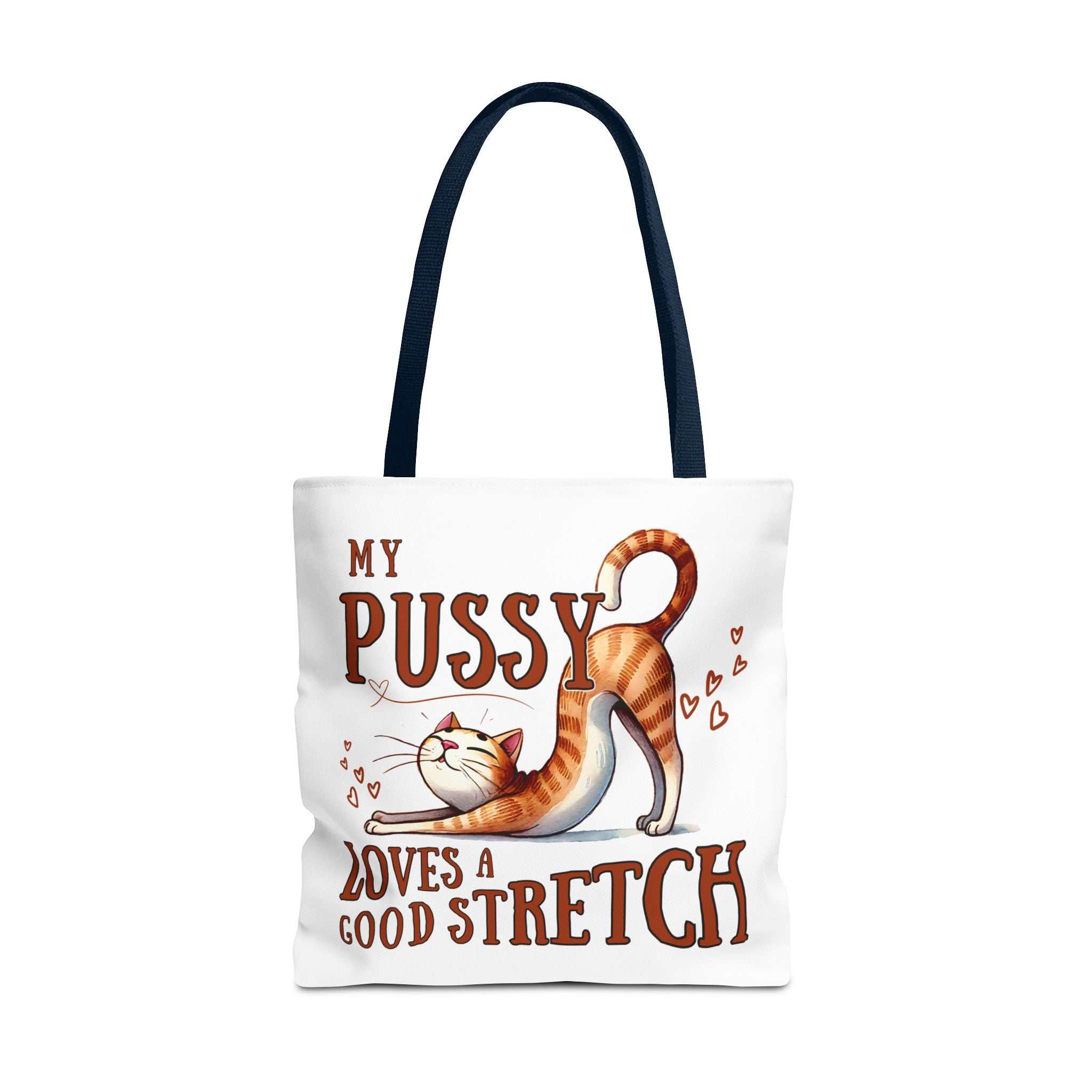 Cheeky fun stretching cat tote bag with multiple sizes and handle colors, made from durable spun polyester for everyday use