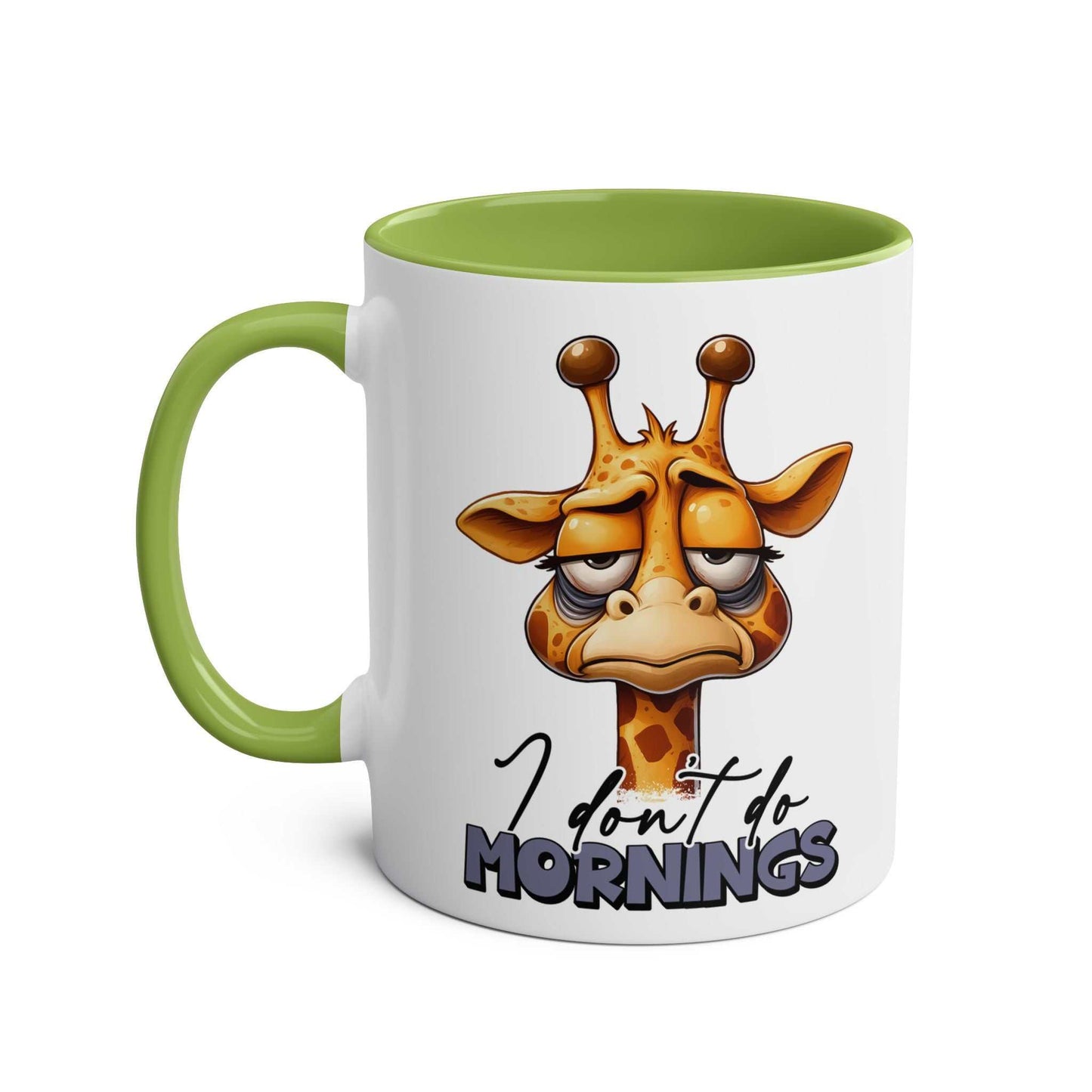 Dont Do Mornings Coffee Mug with playful giraffe design and text.