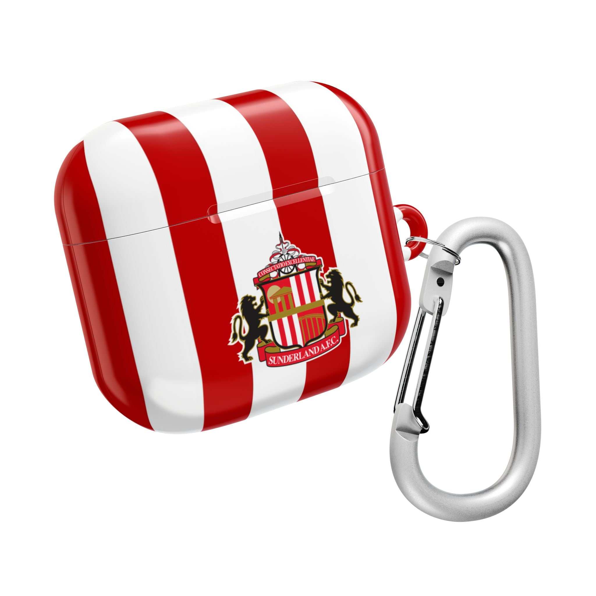 Sunderland FC AirPods protective case with red and white stripes and club crest, shock-resistant with keychain clip
