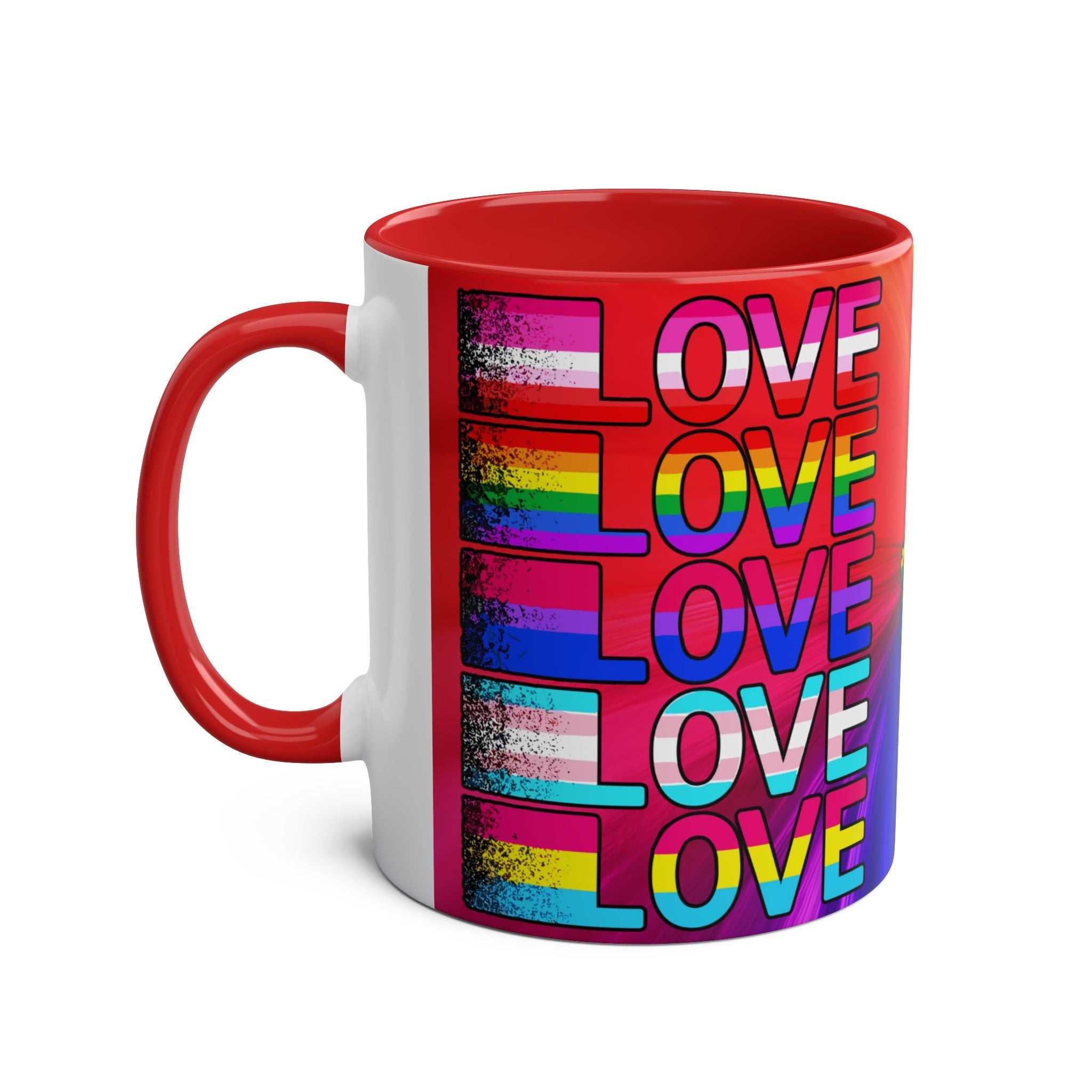 LGBTQ+ Pride Mug with vibrant rainbow design and red interior.