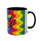 LGBTQ+ Pride Mug with vibrant rainbow design, ceramic, glossy finish, 11oz, microwave and dishwasher safe.