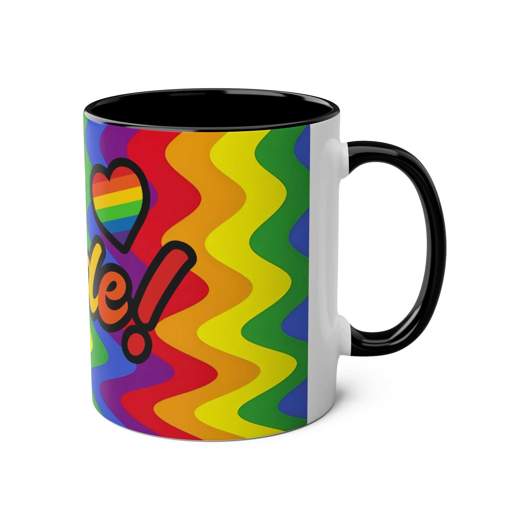 LGBTQ+ Pride Mug with vibrant rainbow design, ceramic, glossy finish, 11oz, microwave and dishwasher safe.