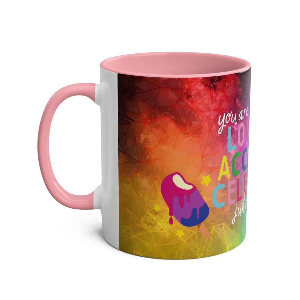 LGBTQ+ Pride mug with vibrant rainbow design and pink handle, ceramic, glossy finish.