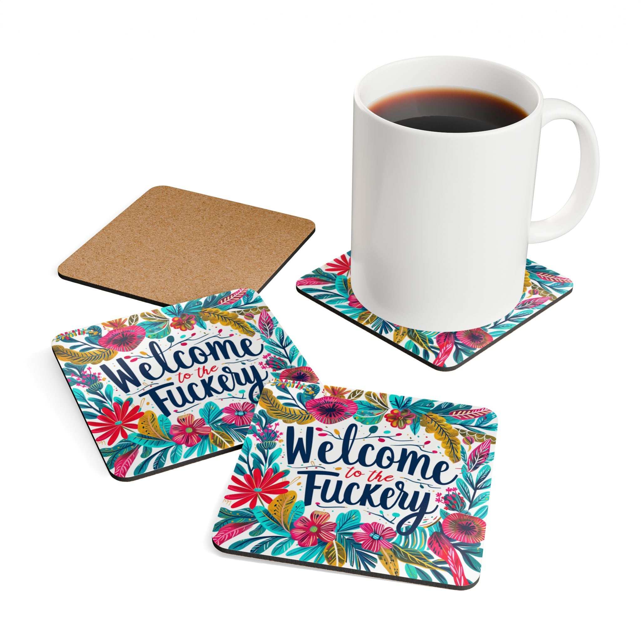 Colorful "Welcome To The Fuckery" coaster set with floral design and a mug placed on one coaster.