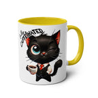 Fun sarcastic coffee mug with cat design, 11oz ceramic, glossy finish, yellow handle.