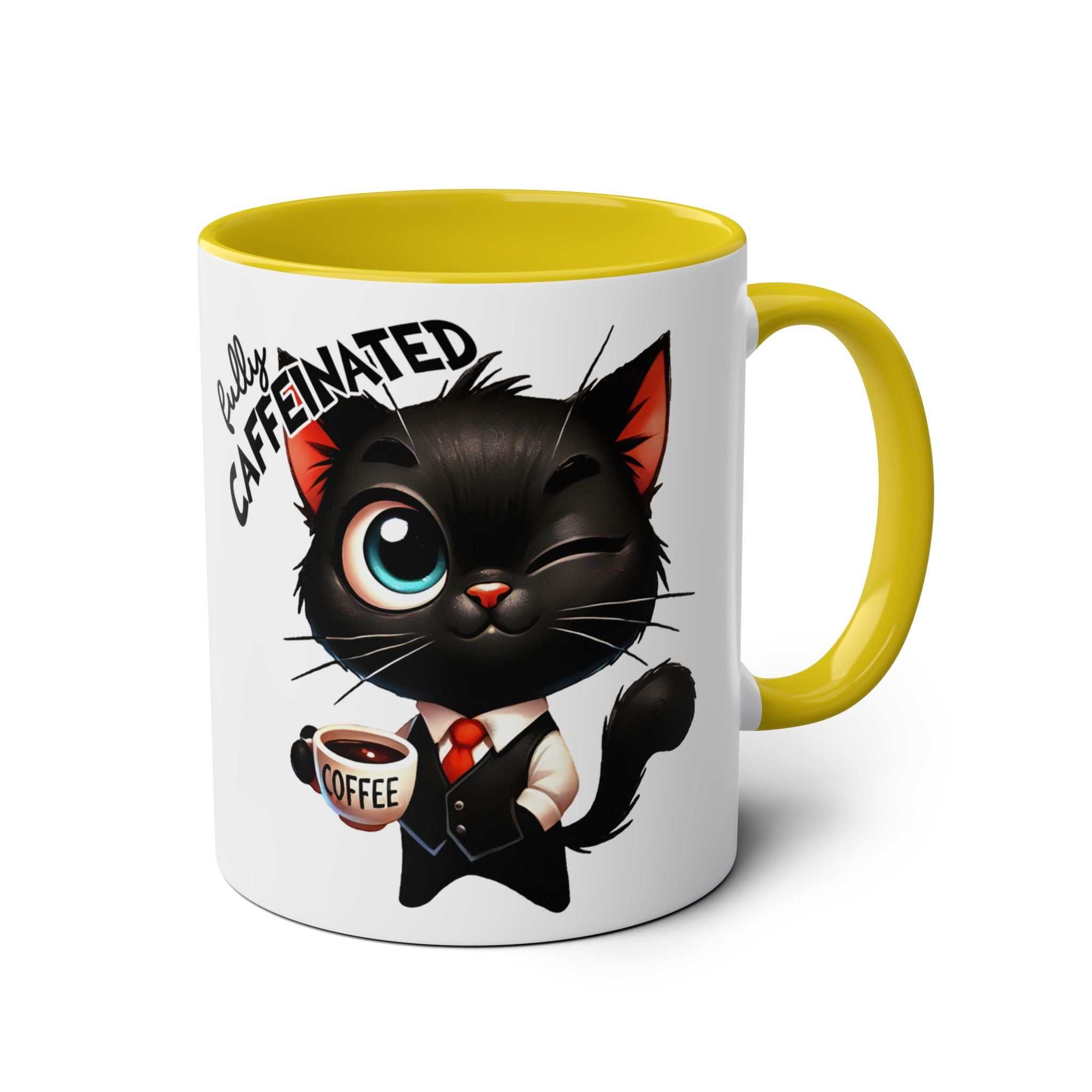 Fun sarcastic coffee mug with cat design, 11oz ceramic, glossy finish, yellow handle.