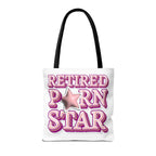Cheeky Retired Porn Star Tote Bag with colorful handles, durable polyester, available in three sizes for daily use