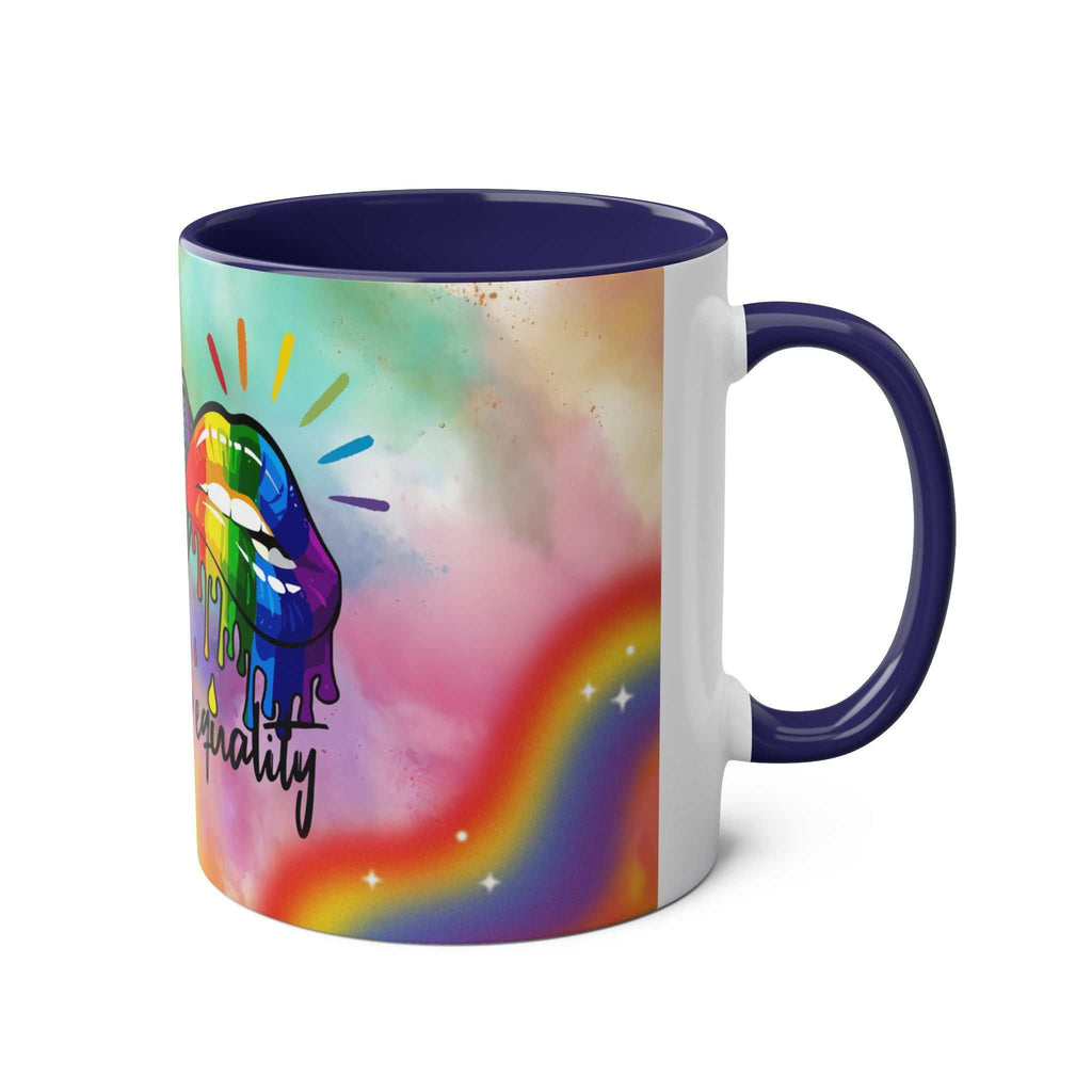 LGBTQ+ Pride Mug with vibrant rainbow design, ceramic, glossy finish, 11oz, microwave and dishwasher safe.
