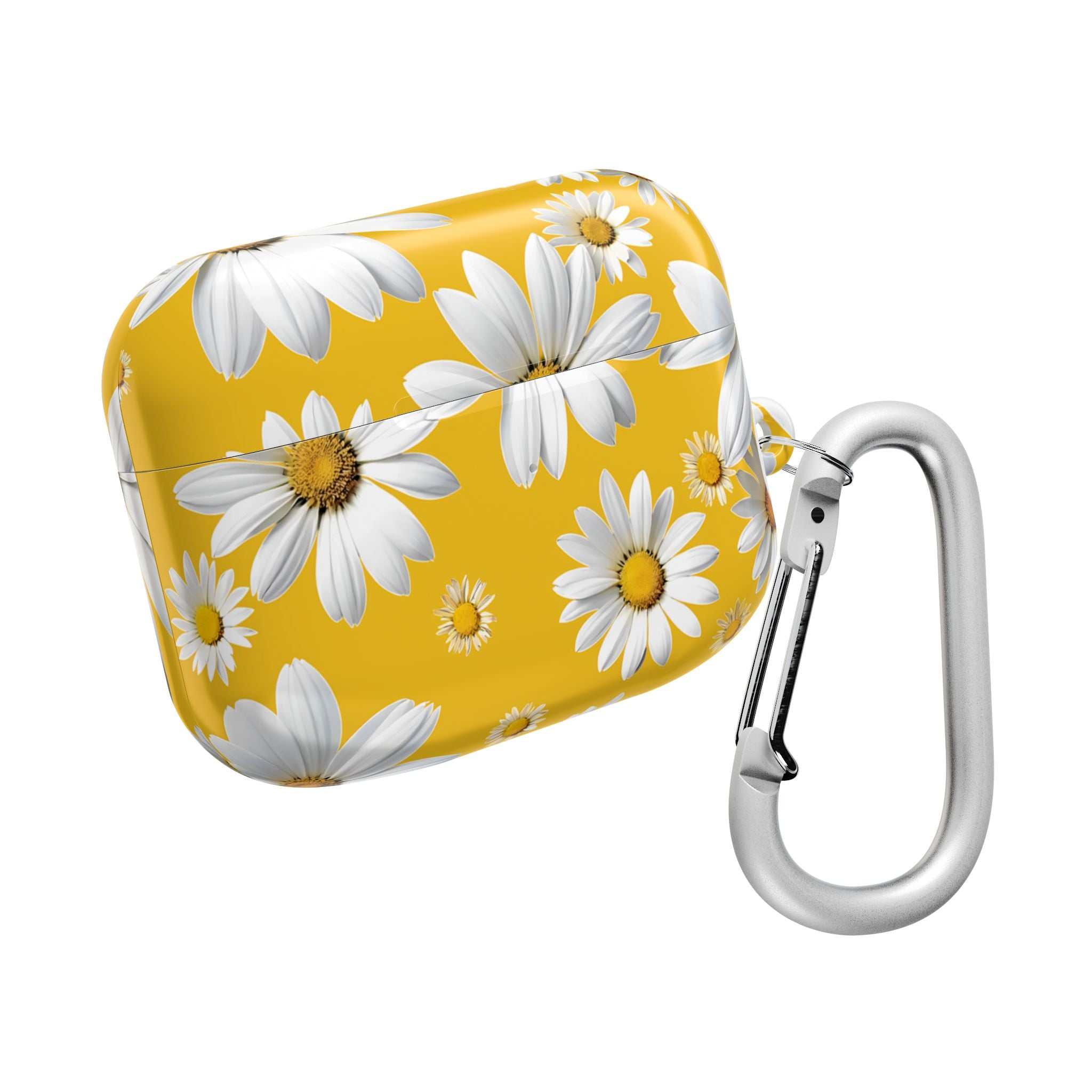 Yellow Daises AirPods case with hard shell and carabiner clip for protection and style