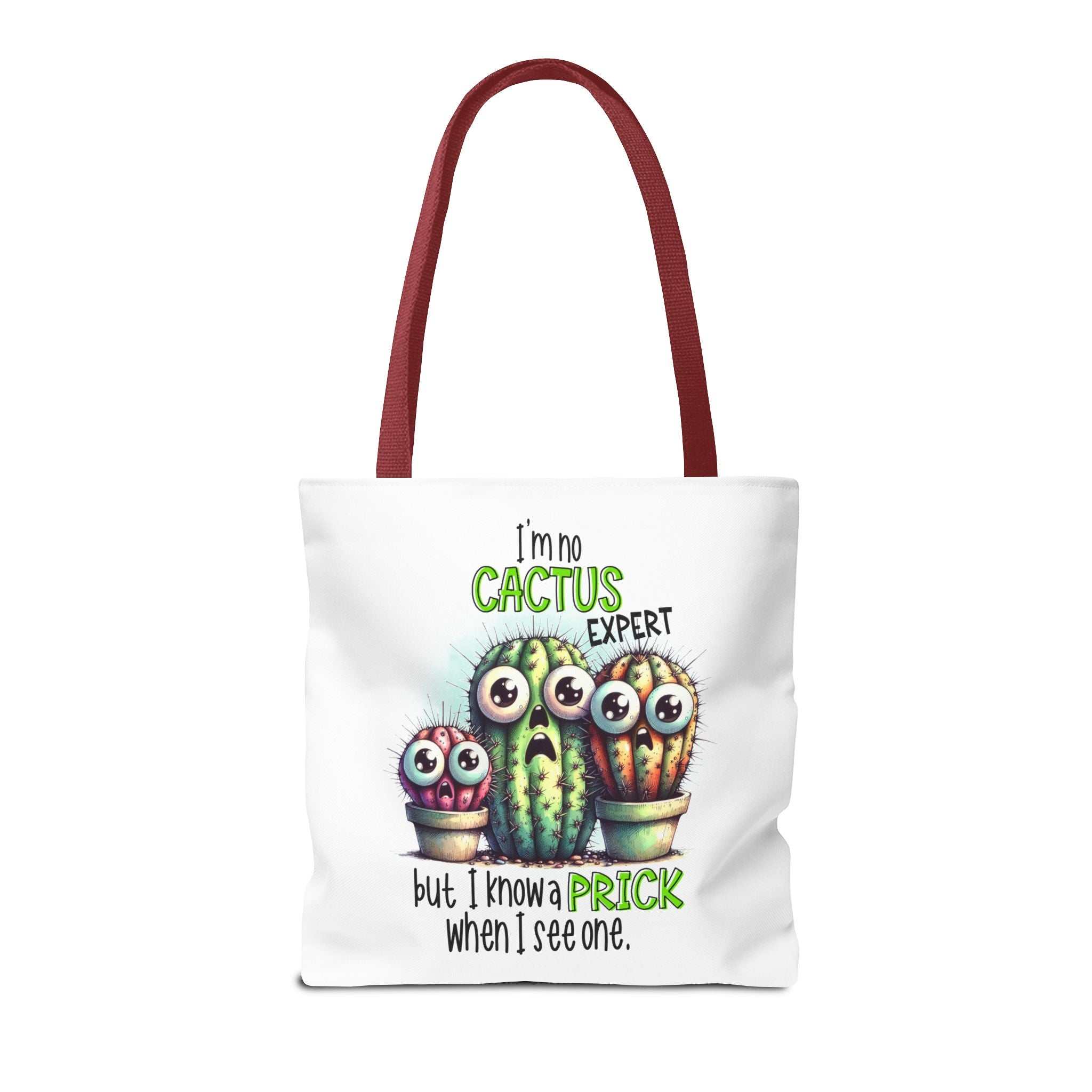 Fun cactus tote bag with cheeky design and colorful handles in three sizes