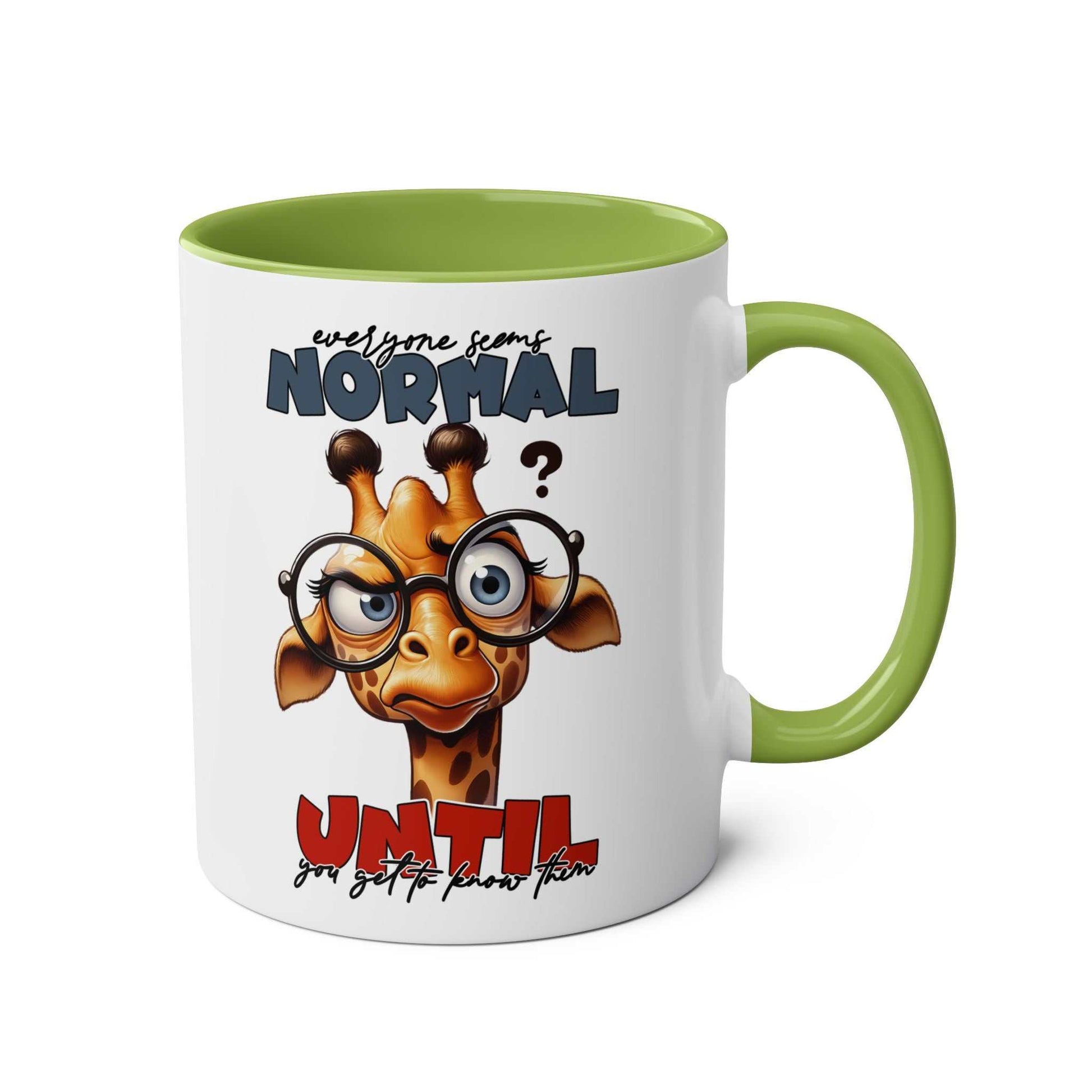 Playful giraffe design on Everyones Normal Coffee Mug with green handle, ceramic, 11oz, sublimation print.