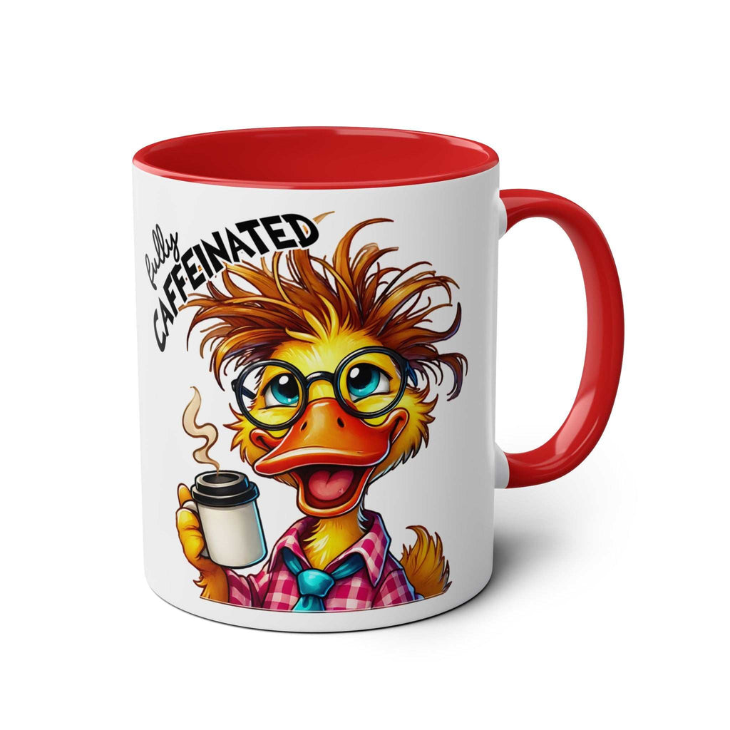 Fun Sarcastic Coffee Mug with colorful cartoon duck design and "Fully Caffeinated" caption.