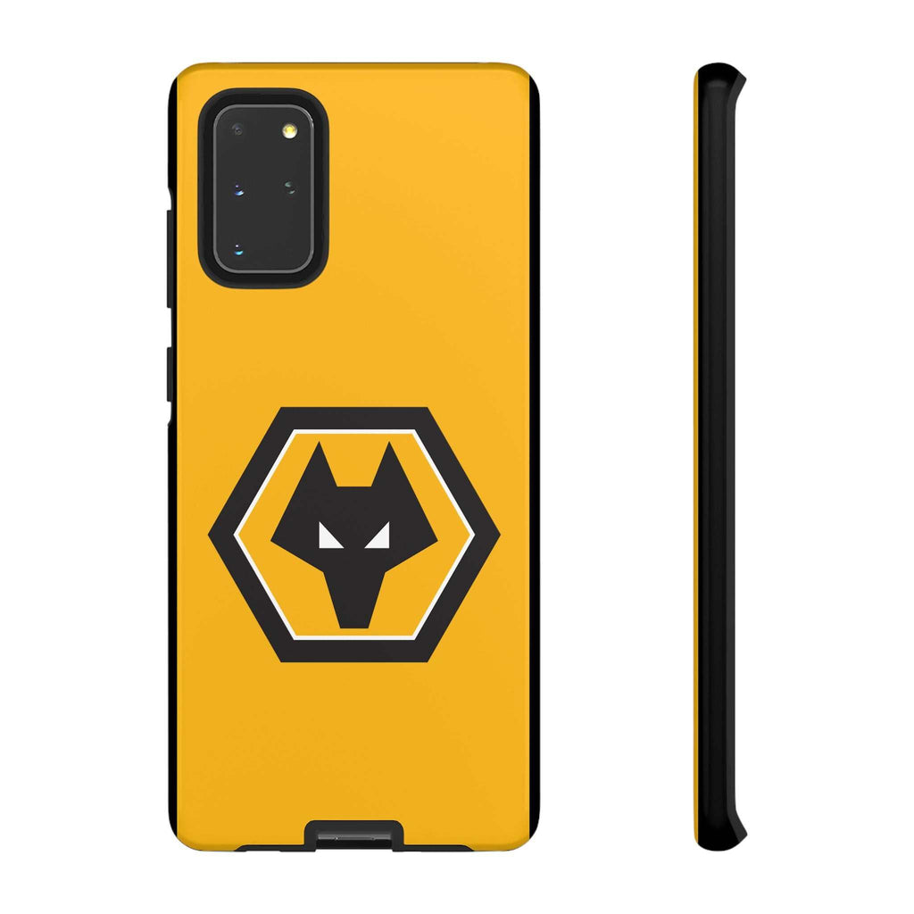 Wolves FC Magnetic Samsung Case in gold and black with official-inspired crest, dual-layer protection, and wireless charging compatibility