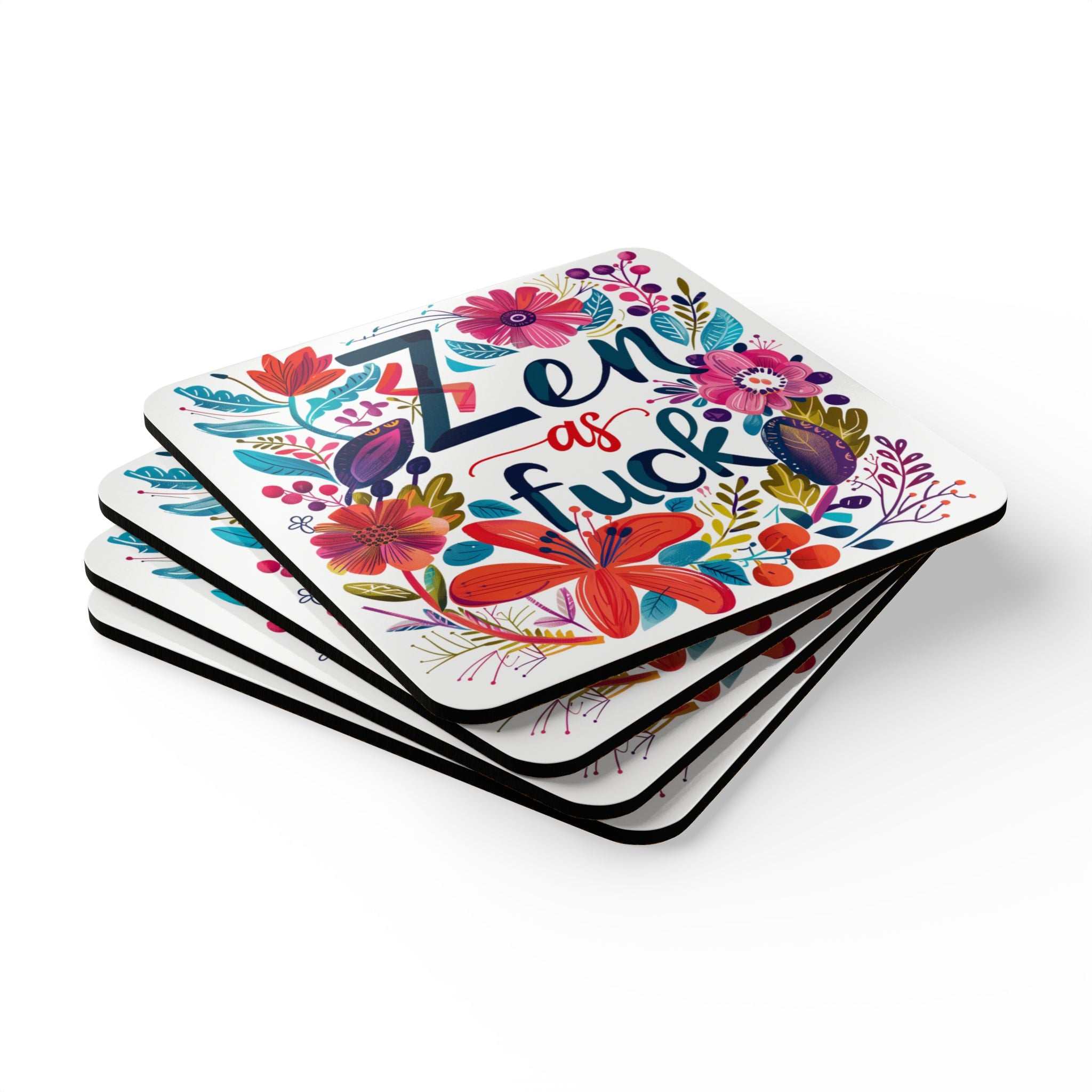 Zen As Fuck Coaster Set with colorful floral design, high-gloss MDF top, cork back, and rounded corners.