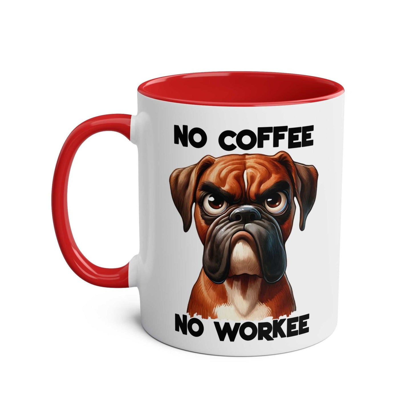 No Coffee No Workee Mug with quirky dog design and red handle.