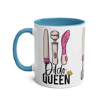 Dildo Queen Coffee Mug with fun design, blue interior, and handle.